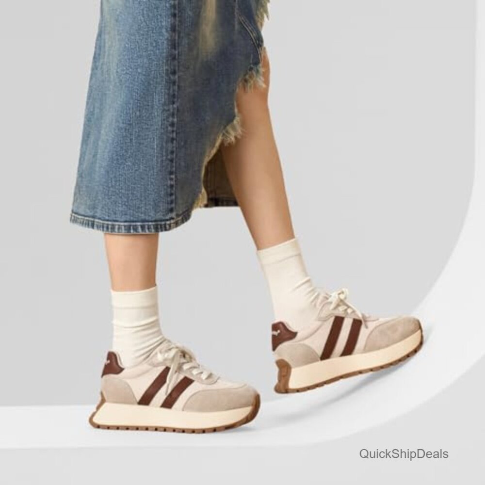 Genuine Leather Chunky Platform Retro Sneakers, Non-Slip Walking Shoes - Picture 6 of 7